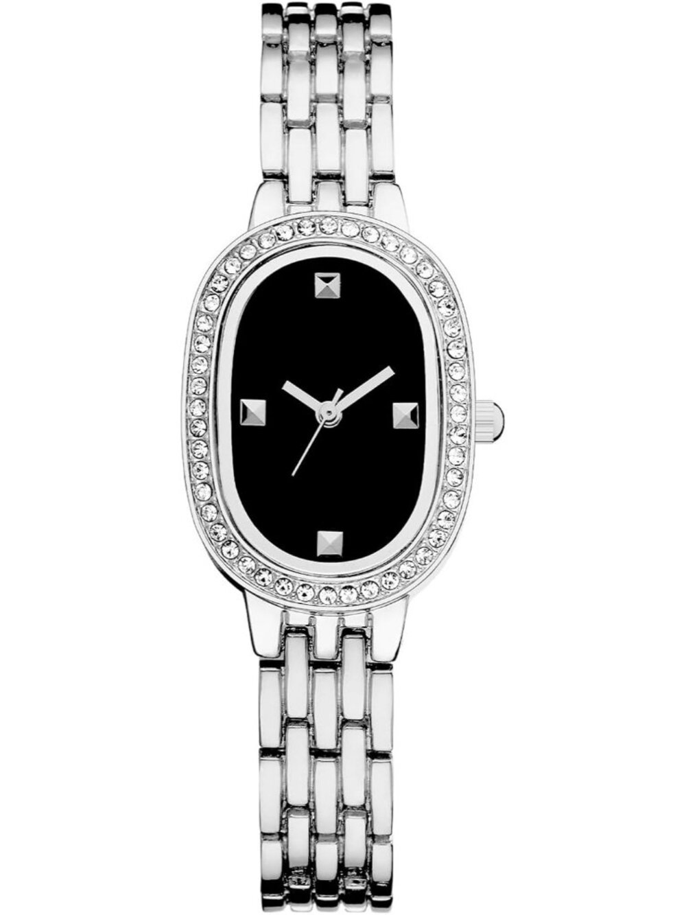 Women's Silver Black Analog Steel Dainty Rectangle Waterproof Ovel Wrist Watch
